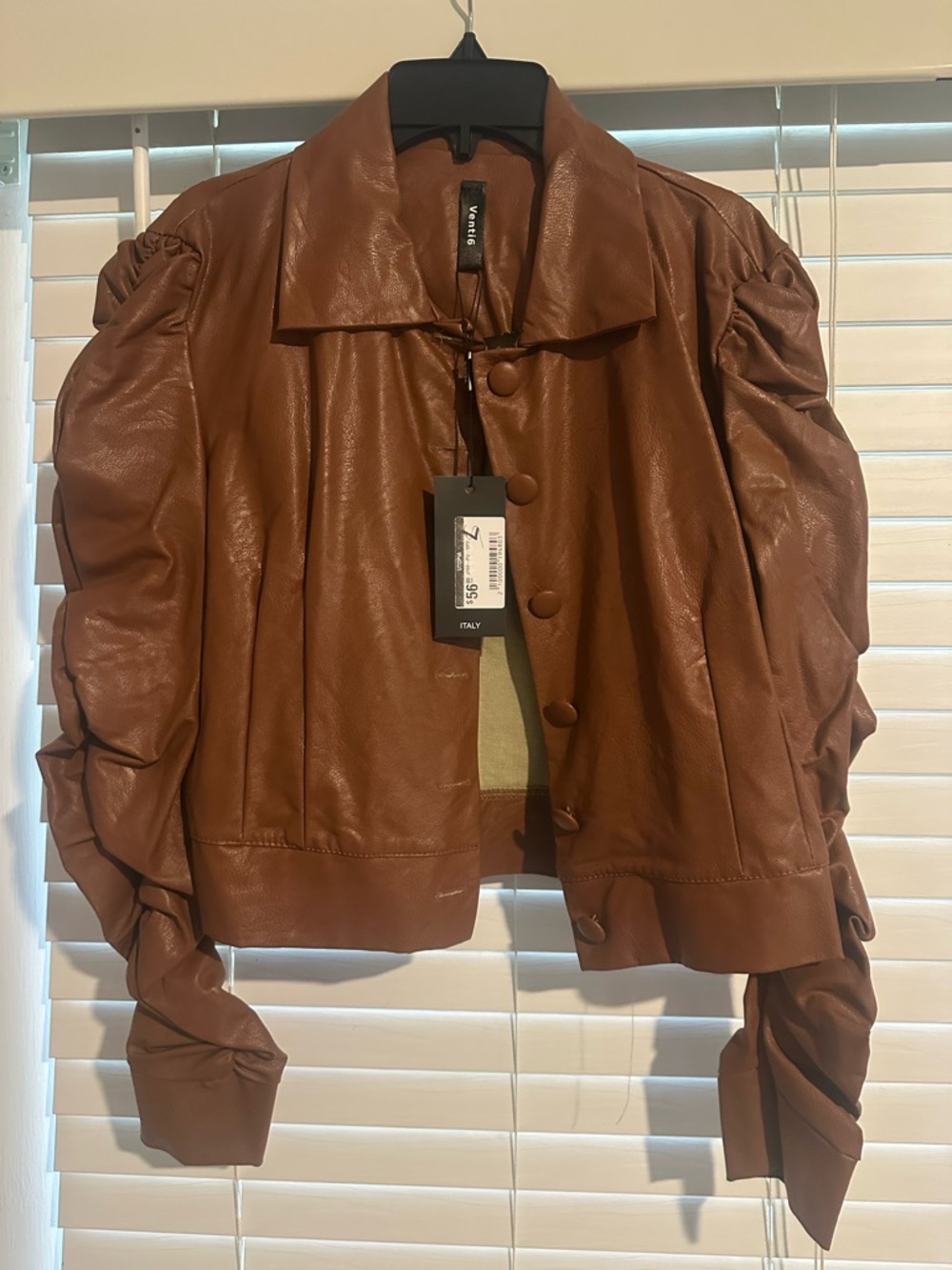 Topia Chocolate Brown Faux-Leather Ruched Sleeve Jacket